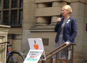Alison Teal speaking at Save Sheffield Trees rally