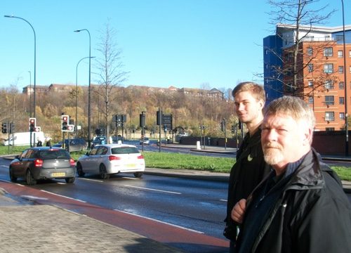 Sheffield Green Party members Martin Phipps and Brian Holmshaw by the ring road