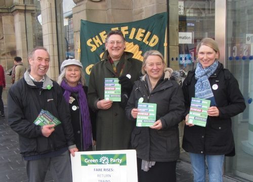 Green Party campaigners at Sheffield railway station: (l-r): Cllr Douglas Johnson, Rachel Hardy, Peter Garbutt, Natalie Bennett, Cllr Alison Teal