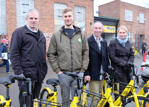 Cllr Rob Murphy, Martin Phipps, Cllr Douglas Johnson and Cllr Alison Teal at the Ofo launch at The Holt