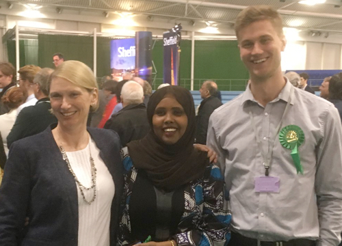 Cllrs Alison Teal, Kaltum Rivers and Martin Phipps at the election count