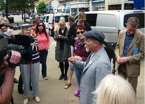 Tree campaigner Paul Brooke speaking after High Court success, outside Sheffield Town Hall