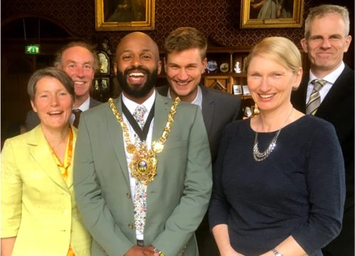 Lord Mayor Magid with (l-r) former Green councillor Jillian Creasy and Councillors Douglas Johnson, Martin Phipps, Alison Teal and Rob Murphy