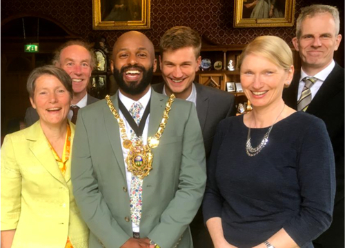 Lord Mayor Magid with (l-r) former Green councillor Jillian Creasy and Councillors Douglas Johnson, Martin Phipps, Alison Teal and Rob Murphy 