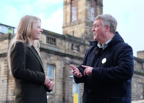 Green Party leader Sian Berry with Brian Holmshaw