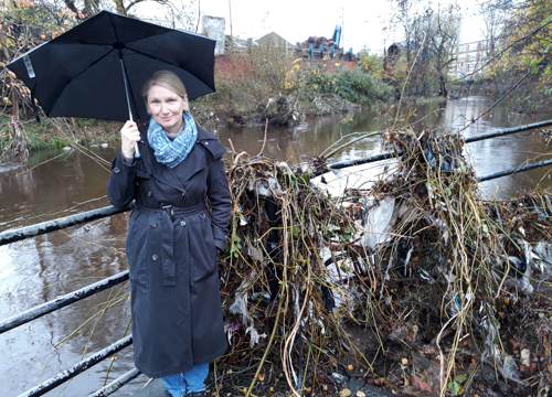 Alison Teal with debris showing height of River Don