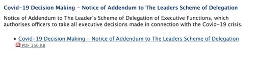 Screenshot ot Covid-19 Decision Making - Notice of Addendum to The Leaders Scheme of Delegation