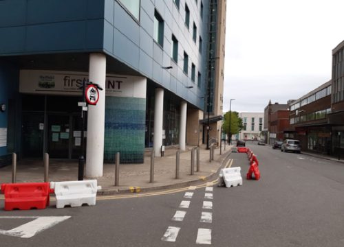 Photo of the temporary footpath widening in town