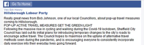 Screenshot of Hillsborough Labour Party post - Pop-ip active travel measures get the green light
