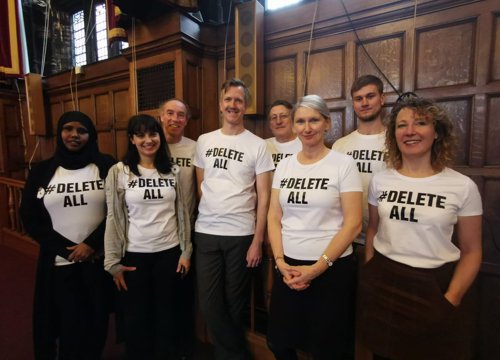 Sheffield Green Party Councillors wearing Delete All tshirts