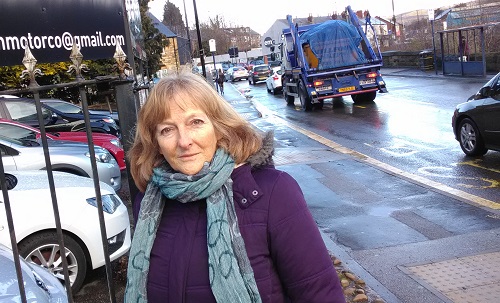 Christine Gilligan Kubo next to traffic at Malin Bridge