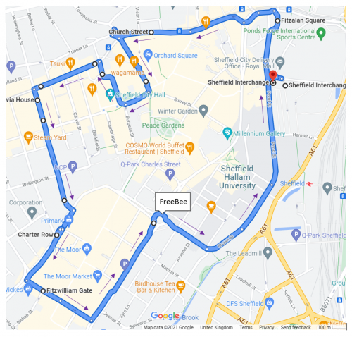 Suggested route of the FreeBus enabling access to the city centre