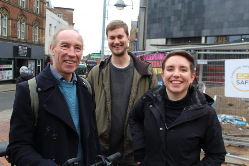 Douglas Johnson, Martin Phipps and Carla Denyer in Sheffield City Centre.