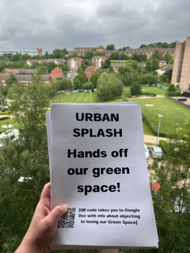 Leaflet saying "Urban Splash, hands off our Green Space" with fields in the background.