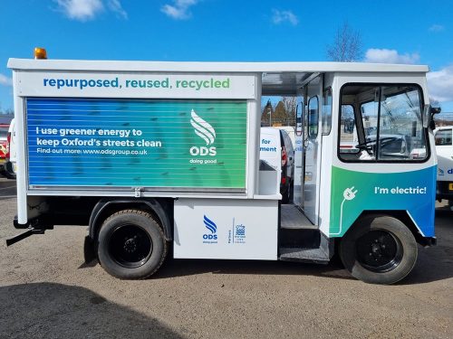 A milk-float destined for the scrapyard was repurposed as an electric street cleaning vehicle by ODS