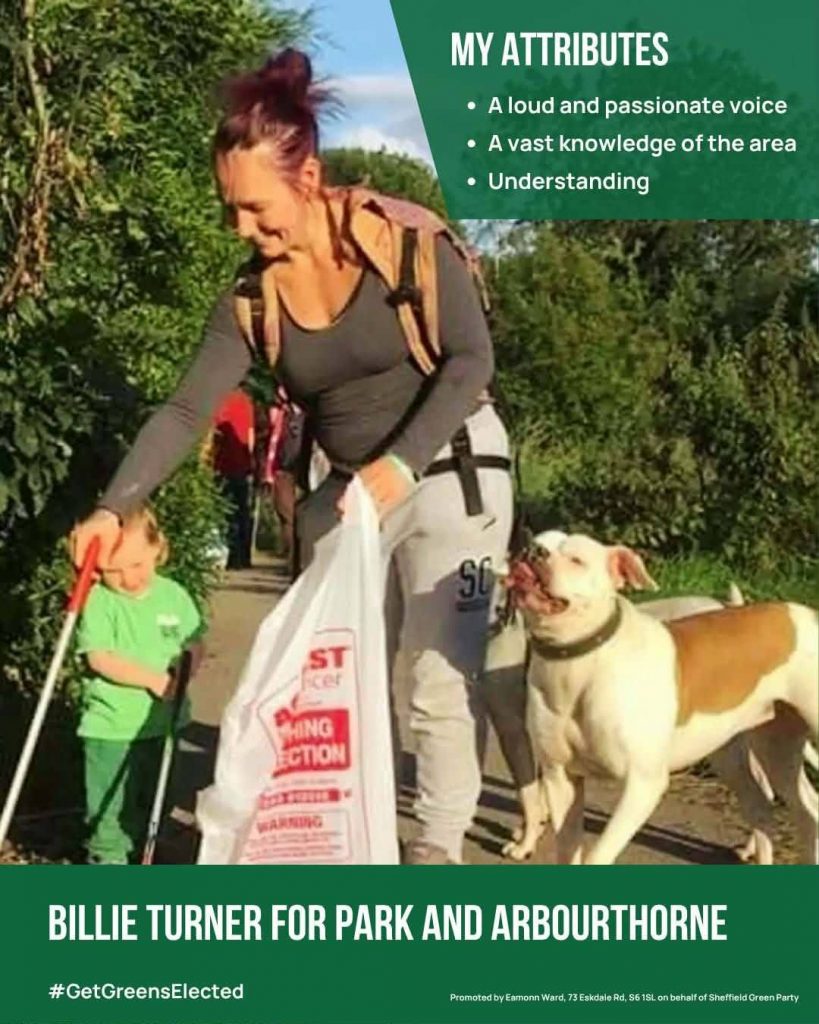 Billie Turner litter picking with a young child and a dog. 