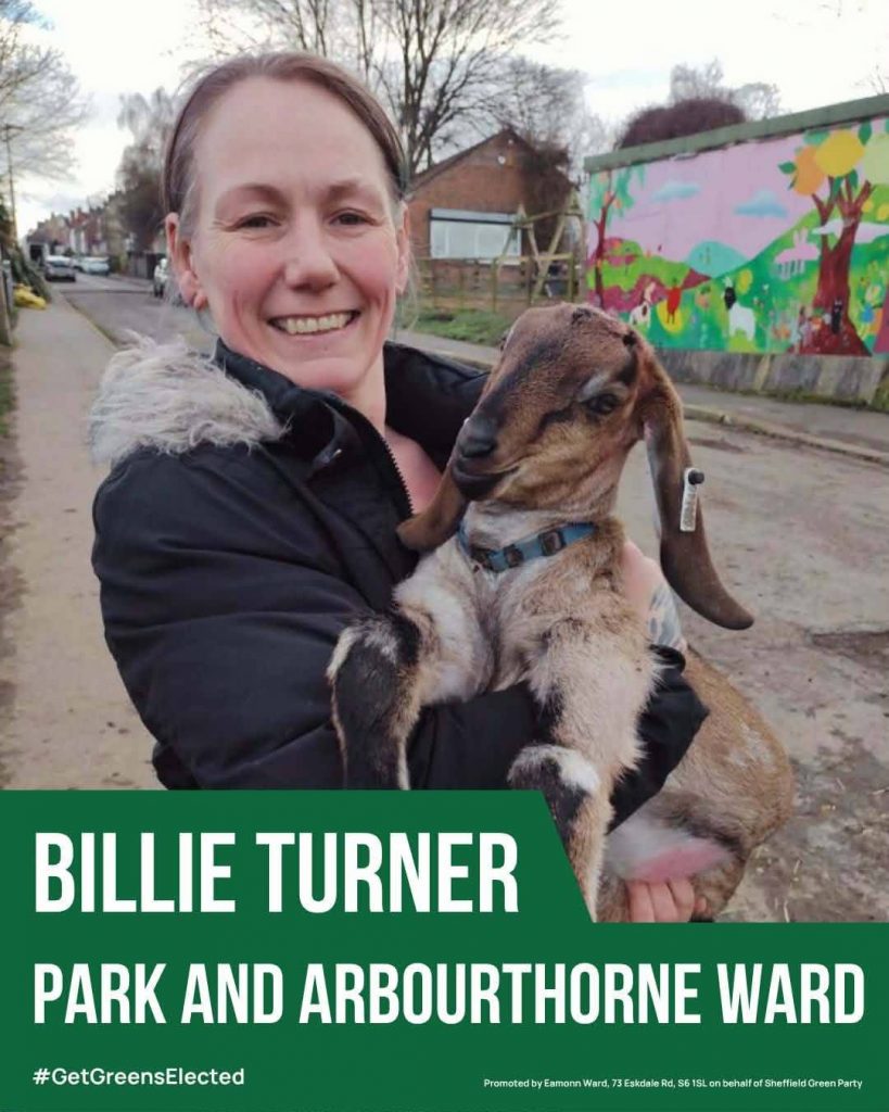 Billie Turner pictured holding a goat.Text. Billie Turner for Park and Arbourthorne Ward
