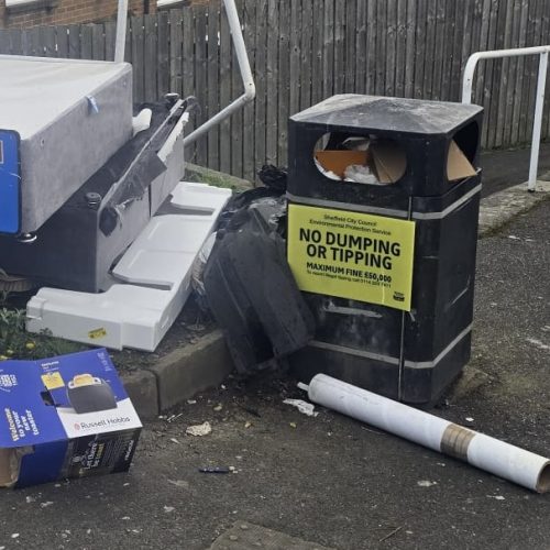 Photo of a bin with a large sticker saying "no dumping or tipping" surrounded by large dumped materials.