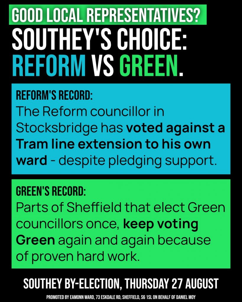 Southey's Choice. Reform v Green. Tram line extension